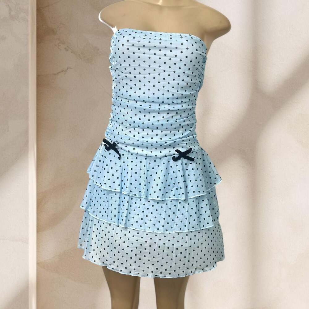 Blue Polka Dot Strapless Mini Dress – Ruched Ruffle Tiered Bow  Y2K Cute ✧ L